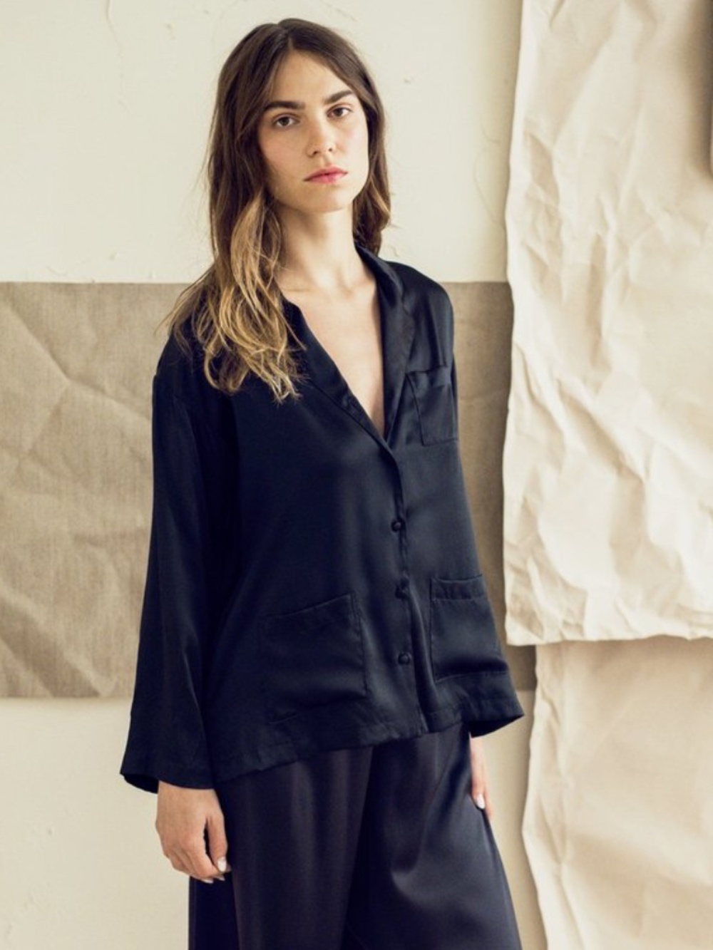 The Great Eros Ereni Sleep Pajama Shirt Black Silk, Long Sleeve Relaxed Sz Small